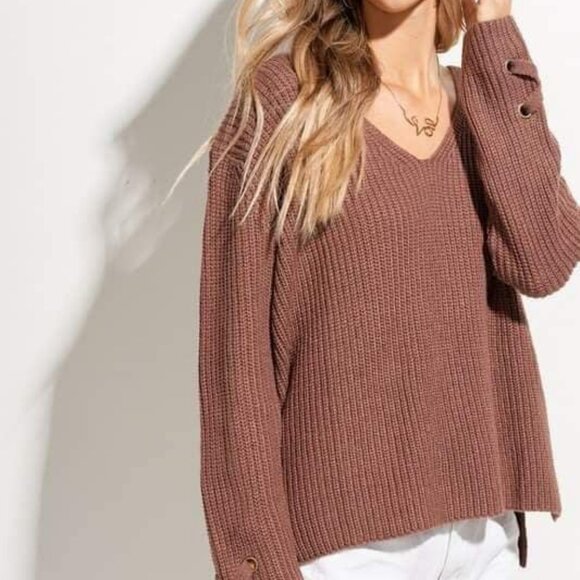 Mocha Lace Up Sleeve Sweater - Picture 1 of 1